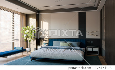 Modern bedroom interior design with large windows, blue bed, green plant, stylish lighting. Cozy and contemporary space with natural light and elegant decor Modern bedroom interior design with large windows, blue bed, green plant, stylish lighting. Cozy and contemporary space with natural light and elegant decor 123131080