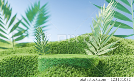 Empty platform for products in a natural setting, green foliage and grass, ideal for eco-friendly cosmetics, 3D illustration, natural background 123131082