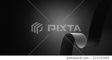 Curved black ribbon on dark gradient background, abstract 3D rendering, minimalist design, modern art, elegant wave shape, smooth surface, futuristic look 123131095