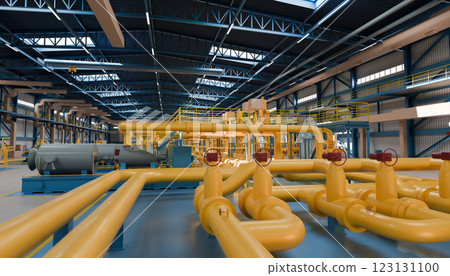 Modern factory interior with yellow pipelines, red valves, various machinery, high ceiling, metal beams, bright lighting, advanced engineering, modern industrial plant Modern factory interior with yellow pipelines, red valves, various machinery, high ceiling, metal beams, bright lighting, advanced engineering, modern industrial plant 123131100