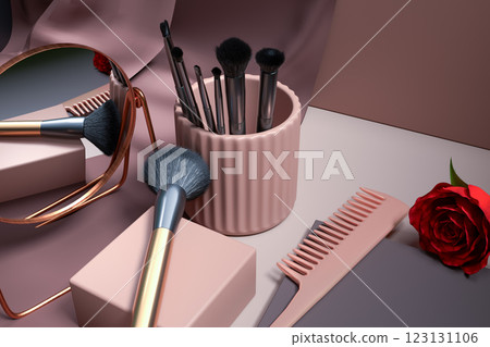 Cosmetic brushes in container with mirror and comb on vanity with red rose and pink background beauty tools for makeup application and hair styling accessories 123131106