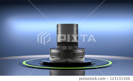 Modern robot vacuum cleaner on display with advanced cleaning technology, smart home device, efficient floor cleaning, home automation, blue background 123131108