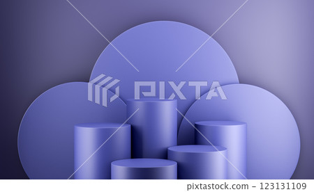 five Empty purple podium with cylindrical shapes for product placement, abstract background with geometric forms, minimalist design for presentation. 3d rendering 123131109