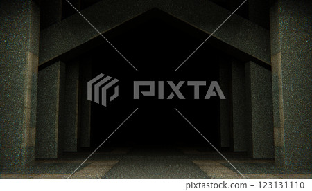 Dark corridor with textured walls and ceiling, symmetrical structure, mysterious atmosphere, empty space, architectural design, shadowy interior, abstract perspective 123131110