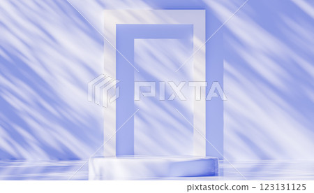 Minimalist empty podium with geometric shapes for product placement presentation in soft blue light and shadows, 3d rendering, modern abstract background 123131125