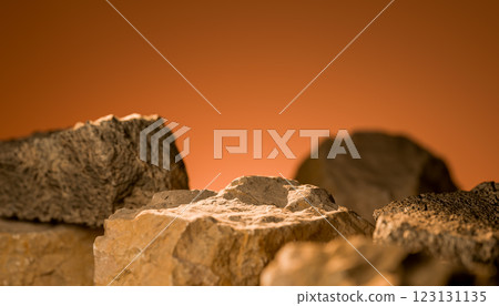 Rocky surface with rough texture, empty stone podium for product placement, natural stone background with warm lighting, showcasing products, earthy tones, rugged rocks, textured stones 123131135