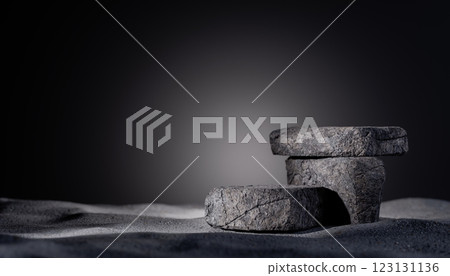 Natural stone podium for product placement, textured rock surface, minimalist display, dark gradient background, rustic stone platform, studio lighting, empty stage, product showcase 123131136