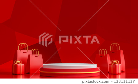 Red podium with shopping bags and gift boxes on geometric background. Luxury stage for product presentation, sale event, advertising, branding showcase. 3d rendering Red podium with shopping bags and gift boxes on geometric background. Luxury stage for product presentation, sale event, advertising, branding showcase. 3d rendering 123131137