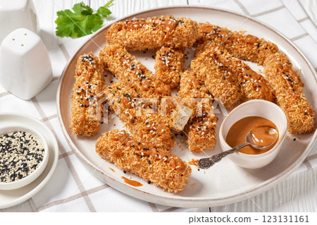 panko breaded tofu sticks with peanut butter sauce 123131161