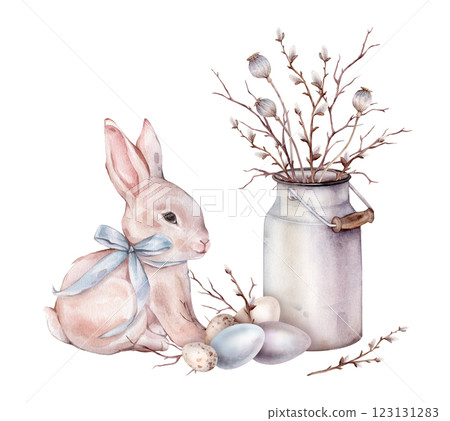Watercolor illustration bouquet of willow branches and tree dry branch without leaves in metal can and cute hare or bunny with bow. Easter quail eggs and chicken color painted eggs. For easter design Watercolor illustration bouquet of willow branches and tree dry branch without leaves in metal can and cute hare or bunny with bow. Easter quail eggs and chicken color painted eggs. For easter design 123131283