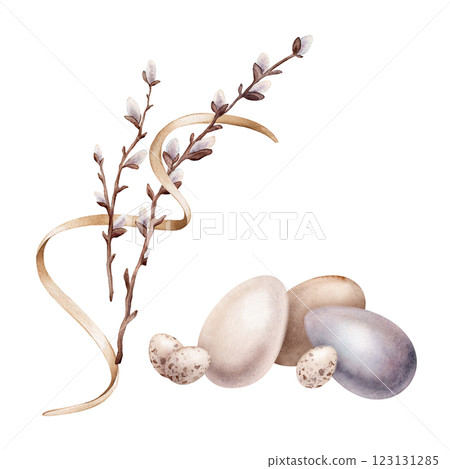 Easter composition with Chicken paint eggs and willow branches and ribbon. Symbols of Easter celebration for card. Watercolor hand drawn pastel color illustration isolated on a white background. 123131285