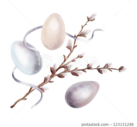 Easter composition with Chicken paint eggs and willow branches and ribbon. Symbols of Easter celebration for card. Watercolor hand drawn pastel color illustration isolated on a white background. 123131286