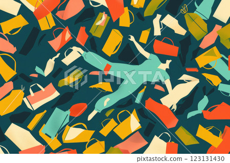 Person lying among shopping bags. Overconsumption concept 123131430