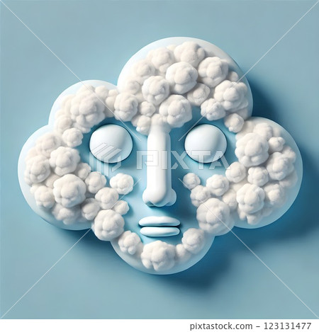 A surreal 3D-rendered cloud in the shape of a human face with puffy formations resembling hair and a soft blue background. The artwork blends abstract and conceptual art styles. 123131477