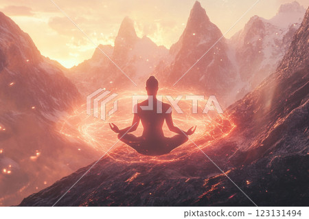 Person silhouette meditating in mountains with glowing energy 123131494