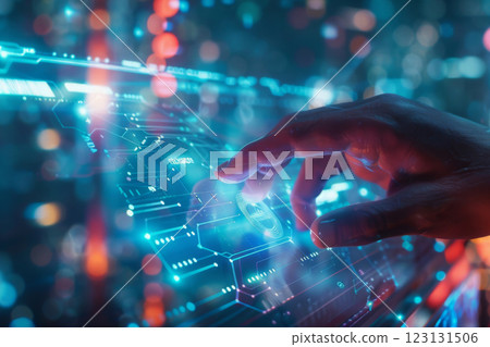 Hand interacting with futuristic digital interface 123131506