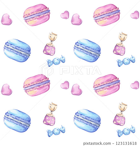 Macarons and candies in pastel blue and pink tones in a seamless watercolor pattern on a white background Macarons and candies in pastel blue and pink tones in a seamless watercolor pattern on a white background 123131618