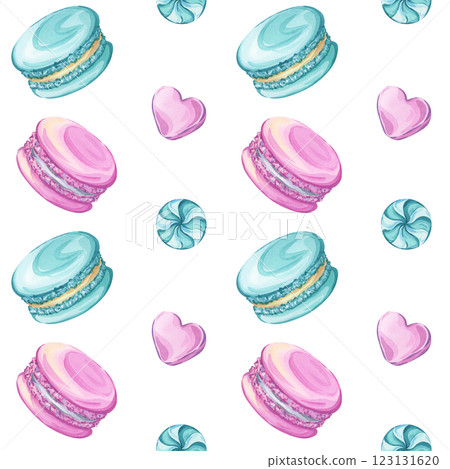 Macarons and candy, lollipops. Seamless watercolor pattern on a white background 123131620
