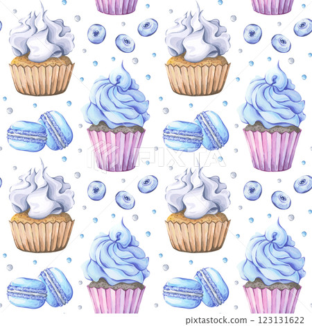 Seamless watercolor pattern with desserts, cupcakes, macarons, and blueberries 123131622