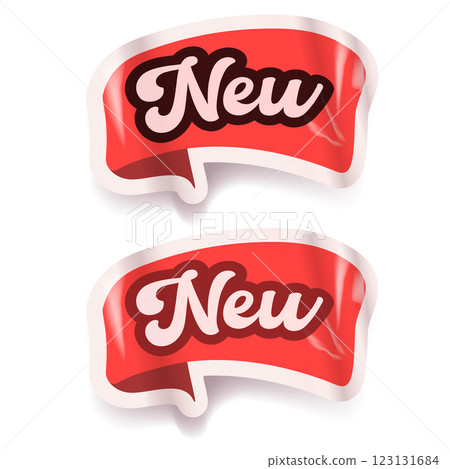 Red new sticker isolated on white. Price sticker, sale sticker, price tag, retro label, sale or discount sticker, promotional badge set, shopping label png 123131684