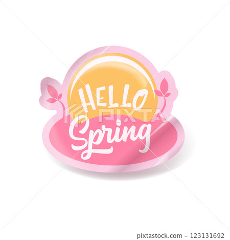 Hello spring round vector pink plastic sticker isolated on transparent white background. Kids Hello spring label, icon, print, banner design template with cartoon text, spring vibe. Hello march 123131692