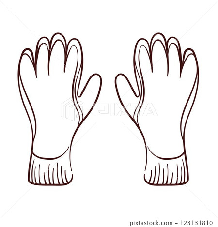 Construction gloves in line art style. Hand drawn pair of gloves isolated on a white background. Construction gloves in line art style. Hand drawn pair of gloves isolated on a white background. 123131810
