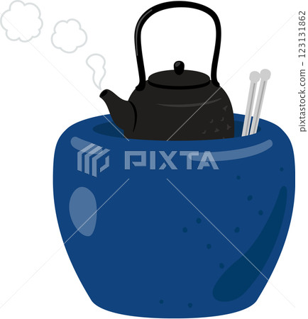 An iron kettle steaming in a brazier 123131862