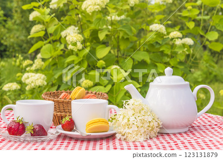 Summer breakfast or tea time in the summer garden: two white cups of tea, white tea pot, french macarons in the wicker basket and strawberries on a table covered by checkered tablecloth on the 123131879