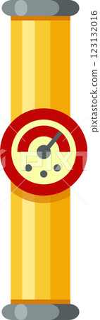 Yellow gas pipeline featuring gray metal flanges and a red manometer measuring pressure, presented as a flat vector illustration on a clean white background 123132016