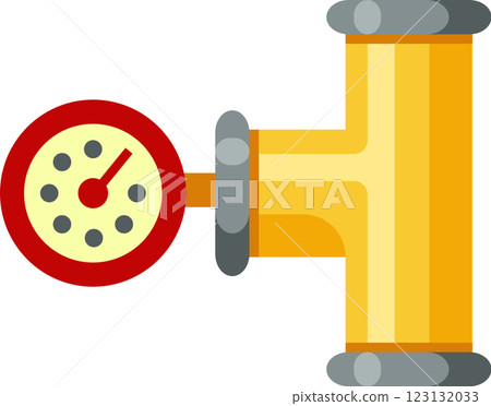 Water, gas, or oil pressure measuring gauge attached to a yellow pipeline, displaying pressure readings against a clean white background, highlights essential monitoring in industrial applications 123132033