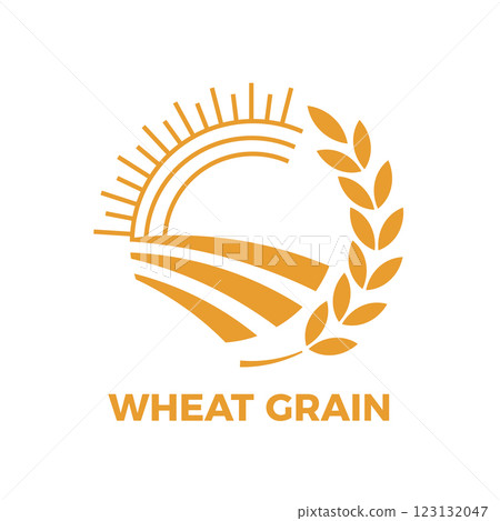 Stylized circular icon representing a wheat field under a shining sun, with grain stalks forming a decorative frame, symbolizing agriculture, farming, and the production of wheat grain Stylized circular icon representing a wheat field under a shining sun, with grain stalks forming a decorative frame, symbolizing agriculture, farming, and the production of wheat grain 123132047