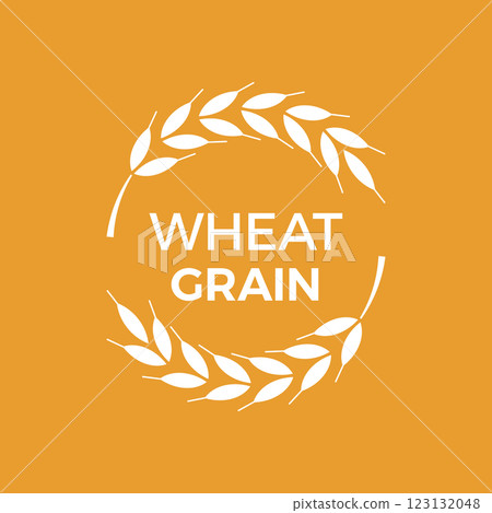 Minimalist vector illustration of wheat grain symbol with ears of wheat forming a circle, representing natural food products, agriculture, and healthy eating, on an orange background Minimalist vector illustration of wheat grain symbol with ears of wheat forming a circle, representing natural food products, agriculture, and healthy eating, on an orange background 123132048