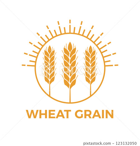 Stylized illustration of three ears of wheat growing under a shining sun, forming a circular emblem representing agriculture, farming, and the food industry 123132050