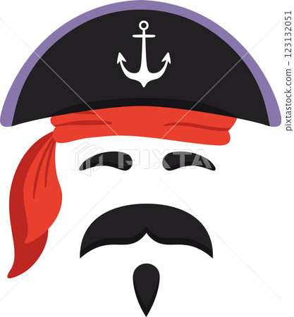 Cartoon pirate captain sporting closed eyes, wearing a black hat adorned with an anchor and a vibrant red bandana, featuring a distinctive black mustache and goatee 123132051