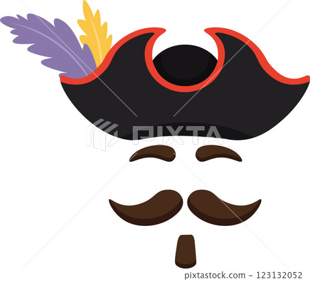 Cartoon illustration of a pirate captain face wearing a black tricorn hat with red brim decorated with purple and yellow feathers, thick brown eyebrows, handlebar mustache and goatee beard 123132052