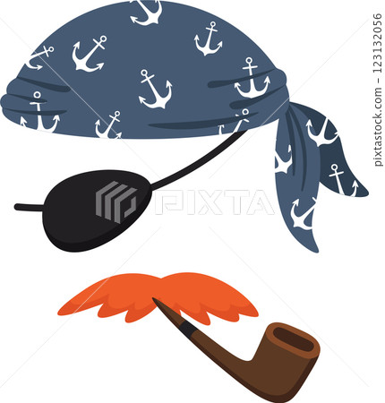 Cartoon illustration of a stereotypical pirate character wearing an anchor patterned blue bandana, eye patch and smoking a pipe with a bushy orange mustache Cartoon illustration of a stereotypical pirate character wearing an anchor patterned blue bandana, eye patch and smoking a pipe with a bushy orange mustache 123132056