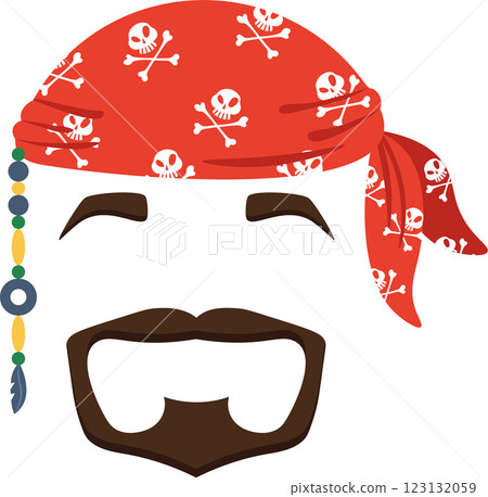 Cartoon illustration featuring a cheerful pirate with a red bandana adorned with skulls and crossbones, sporting a mustache and vibrant beads, radiating joy and adventure 123132059