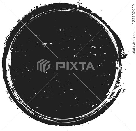 Large textured black circle resembling a paint stain, featuring grunge details and a distressed appearance, suitable for backgrounds or design elements 123132069