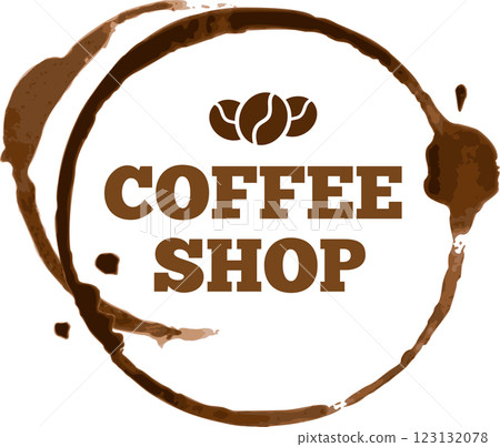 Brown coffee cup stain forming a circular shape around the words coffee shop and three coffee beans, creating a distinctive logo for a unique coffee establishment 123132078