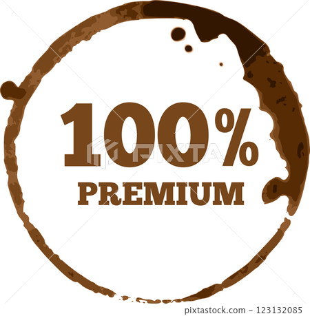 Brown coffee cup stain elegantly framing the words 100 percent premium, highlighting a high quality product promotion that captures attention and conveys excellence in every sip Brown coffee cup stain elegantly framing the words 100 percent premium, highlighting a high quality product promotion that captures attention and conveys excellence in every sip 123132085