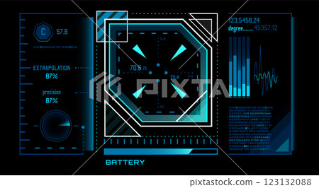 Futuristic heads up display - HUD - featuring glowing blue and white lines and numbers, showcasing target coordinates, precision percentages, battery levels, and other data on a black background 123132088