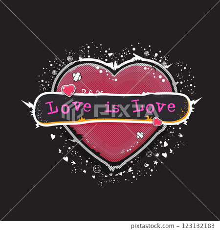 Love is Love romance greeting card with grunge cartoon vintage heart. Love is Valentine t-shirt, banner, apparel, sticker design template ready for printing, vector illustration 123132183