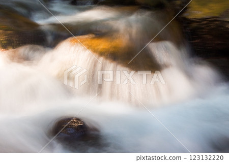water flow of shypit stream. wet stone. summer nature scenery in dappled light. closeup view of refreshing outdoor background. peaceful purity 123132220