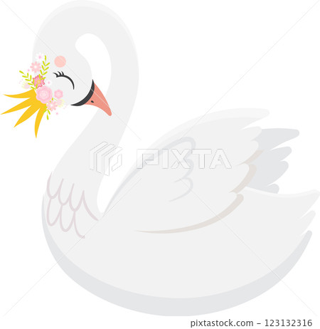 Cute illustration of a white swan wearing a crown of pink and white flowers and golden leaves, ideal for baby shower, birthday party and wedding invitations or decorations 123132316