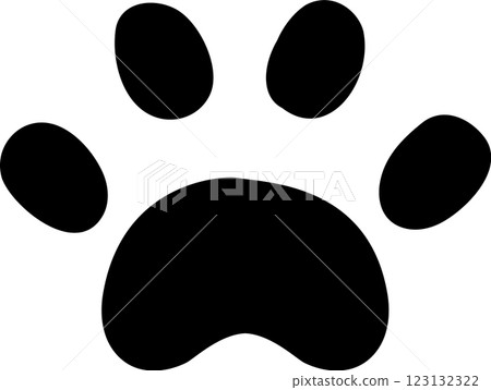 Simple black paw print showing four toes and a pad, isolated on a white background, representing a concept of animal, pet, or wildlife presence 123132322