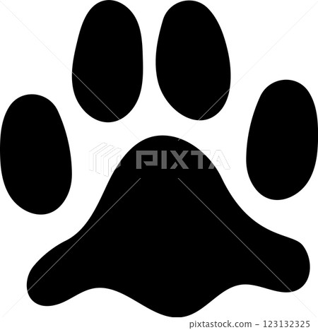 Simple black paw print featuring four distinct toes and a pad, isolated against a clean white background, perfect for designs related to animals, pets, or veterinary themes 123132325