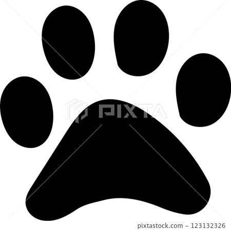 Simple black silhouette of a paw print against a clean white backdrop, creating a striking high contrast image ideal for pet related designs 123132326