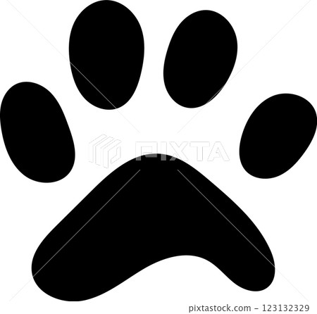 Black paw print featuring four toes and a pad, isolated on a white background, symbolizing the essence of animals, pets, dogs, and cats in a simple, clean design 123132329