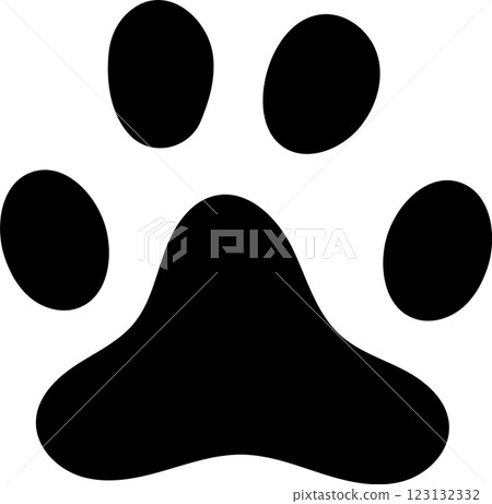 Simple black paw print symbol on a white background, representing pet care, animal tracks, and wildlife. Ideal for use in pet related designs, logos, and educational materials 123132332
