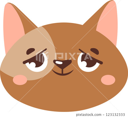 Adorable cartoon cat face featuring a playful smirk and rosy cheeks. The charming design uses soft brown tones and expressive eyes, perfect for children s illustrations or playful designs 123132333